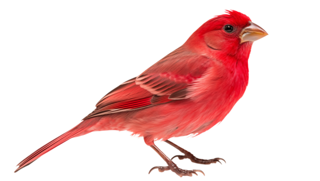 bright red bird standing on white background, pointed beak and vivid plumage, likely cardinal or finch png on transparent background