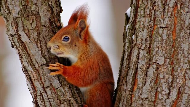 Red squirrel sitting on a tree with curiosity, set against a lush nature background. Suitable for marketing or business purposes