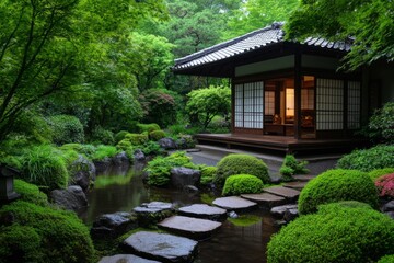 Fototapeta premium A traditional Japanese teahouse with a wooden frame and a delicate fabric awning swaying in the breeze