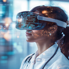 A doctor wearing a vr headset with medical data displayed on the screen in a modern hospital setting