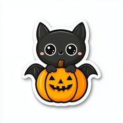 Adorable Black Bat on Orange Pumpkin Halloween Illustration