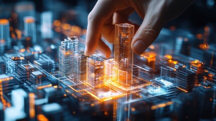 Futuristic Smart City Digital Model Hand Interacting with Neon Cityscape