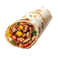 Delicious grilled chicken wrap with fresh vegetables isolated on transparent background.