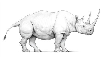 Obraz premium Prehistoric Rhino: Detailed grayscale illustration of a massive rhino, showcasing its textured skin and iconic horn, emphasizing its prehistoric essence.