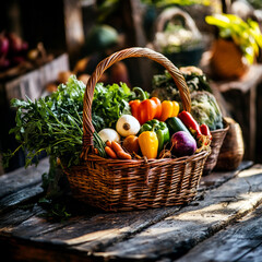 A wicker basket filled with fresh vegetables sitting on a weathered wooden surface in a rustic setting