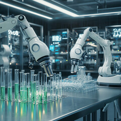 Robotic arms in laboratory with test tubes and scientific equipment in a futuristic setting