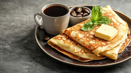 Golden-brown crepes stacked high on a dark plate with butter and basil, accompanied by a cup of black coffee and a small bowl of roasted coffee beans