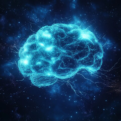 A glowing blue brain with lightning bolts in a dark space background with many bright stars around it