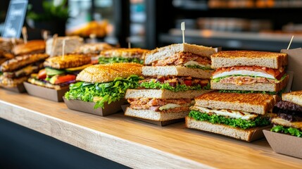 Fototapeta premium A Long Wooden Counter Displaying An Array Of Freshly Made Sandwiches Layered With Fillings Served In Individual Cardboard Containers Freshly Prepared