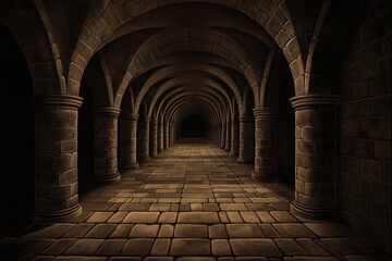 Obraz premium A vintage-style dungeon scene, reminiscent of old adventure books, with hand-drawn textures and sepia tones