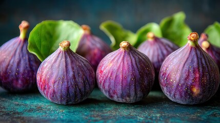 Obraz premium Vibrant figs with fresh green leaves against a textured background.