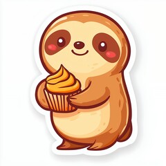 Adorable Brown Cartoon Sloth Holding Orange Cupcake on White Background