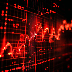 A close up view of a red stock market graph with a dark background and grid lines in the foreground