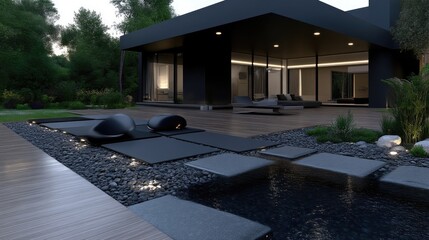 Obraz premium Modern exterior home with zen garden and patio