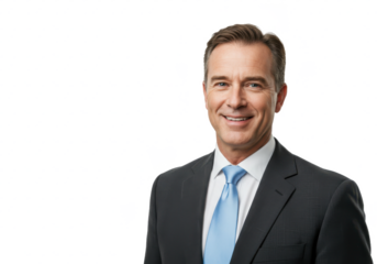 Business portrait of confident businessman. Entrepreneur in jacket and tie, smiling, Happy mid adult isolated on White background