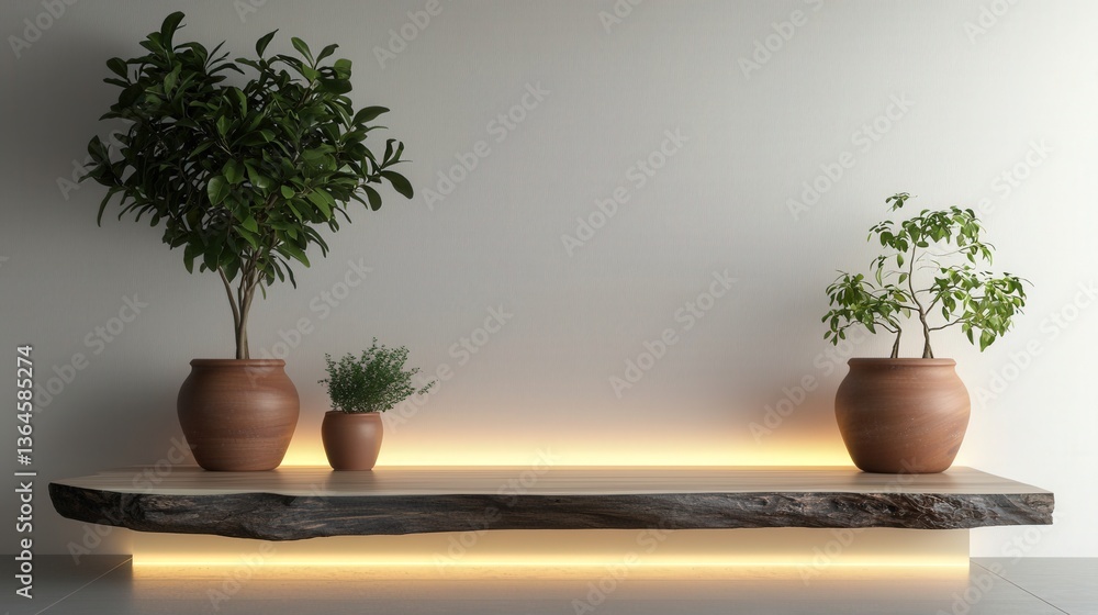 Poster a minimalist shelf displays potted plants with soft backlighting, creating a serene and modern aesth