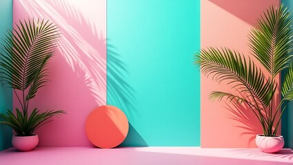 Pastel paradise Palm plants sunlit scene pink teal