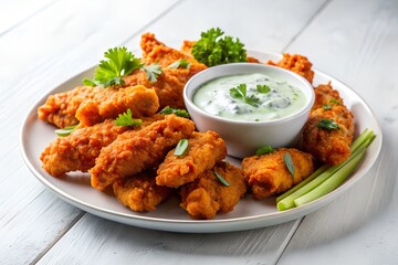 buffalo chicken tenders with blue cheese dip in white background