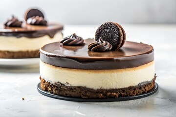 oreo cheesecake with chocolate ganache in white background