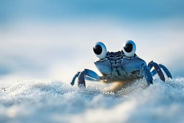 Whimsical Wanderer, A Cute Googly-Eyed Crab's Sandy Expedition on the Beach
