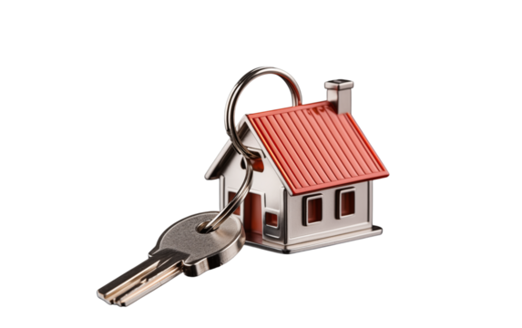 small metallic keychain in the shape of a house with red roof and chimney, attached to silver key png on transparent background