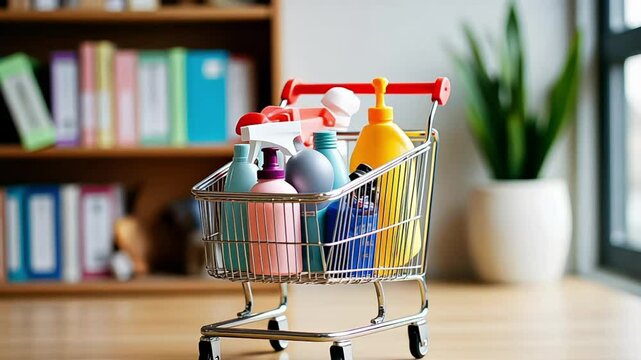 Shopping Cart Filled with Cleaning Products
