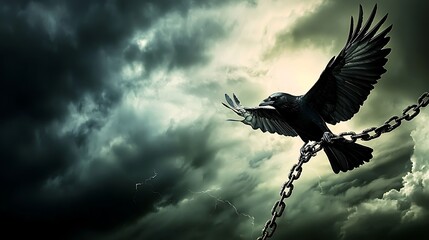 Obraz premium Raven in flight, chained amidst stormy skies
