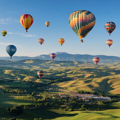 Aerial view of hot air balloons floating over green hills and a small village under a clear blue sky
