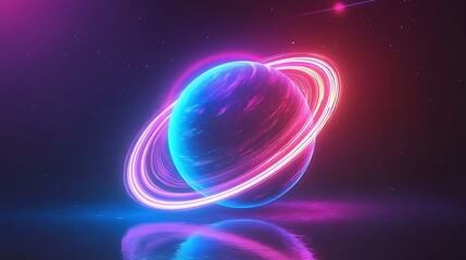 Glowing neon planet icon in blue and pink with illuminated rings on dark background

