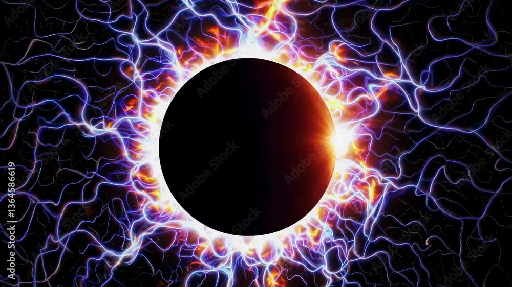 Poster a mesmerizing video concept of a solar eclipse surrounded by electric arcs. captured from a top-down