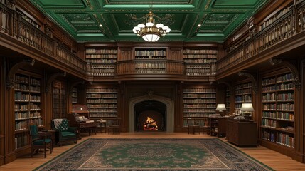 Obraz premium Grand, ornate library with high ceilings, wooden bookshelves, and a fireplace