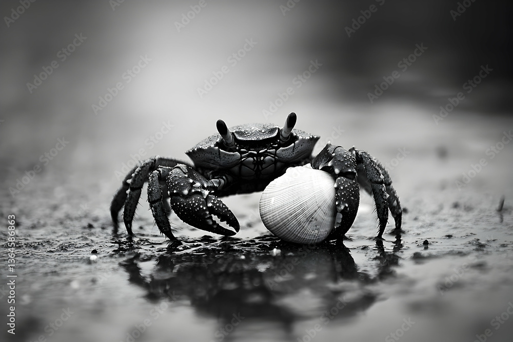 Poster monochromatic macro image captures a crab carrying a seashell on a wet surface