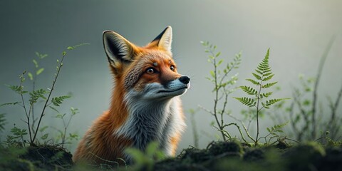 Fototapeta premium Curious fox gazing upwards with enigmatic expression while surrounded by lush greenery and natural habitat.