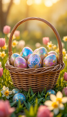 A beautifully woven wicker basket filled with vibrant Easter eggs, each one hand-painted with intricate patterns, shimmering metallic hues, and whimsical pastel swirls. 