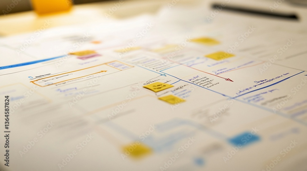 Poster detailed project plan with interconnected steps and notes on a white table