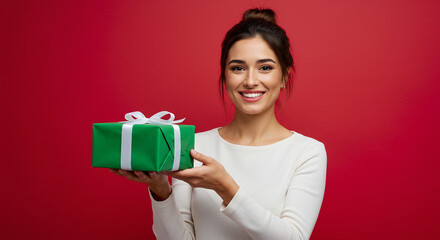 Woman with a bright smile is presenting a neatly wrapped green and white gift box.