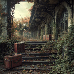 Abandoned train station overgrown with vines and luggage on steps leading into the station area