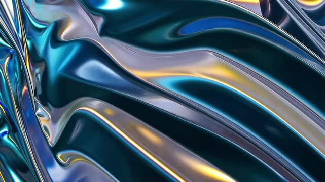 Crumpled metallic foil in glossy chrome blue and silver reflections with smooth folds. Concept of futuristic material and industrial beauty