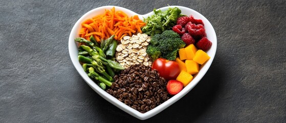 Heart-shaped bowl filled with colorful healthy foods including rice, oats, carrots, asparagus, broccoli, raspberries, mango, and tomato slices
