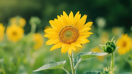 Close Up of Dewy Yellow Sunflower in a Field