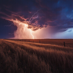 A dramatic lightning storm over a field with a fence line under a cloudy and colorful sky scene view