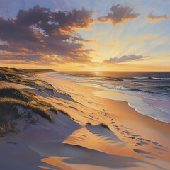 A serene beach landscape featuring sand dunes ocean waves and a vibrant sunset with dramatic clouds