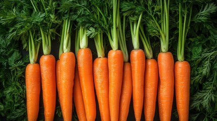Vibrant, fresh carrots with lush green tops arranged horizontally on a dark background.