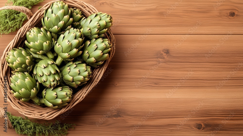 Poster a wicker basket overflowing with fresh green artichokes rests on a light brown wooden surface surrou