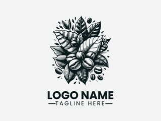 Detailed Coffee Bean Leaf Botanical Illustration Logo Design, Botanical Coffee Bean Leaf Logo