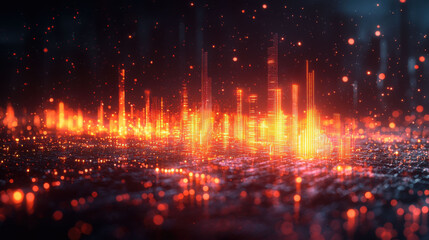 Fototapeta premium Futuristic glowing data visualization with vibrant orange segments and digital landscape