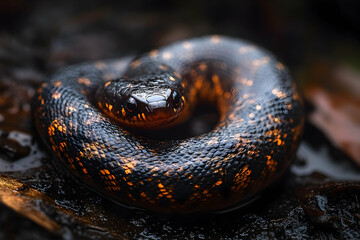Fototapeta premium A beautifully detailed close-up of a black snake with orange spots coiled on the ground