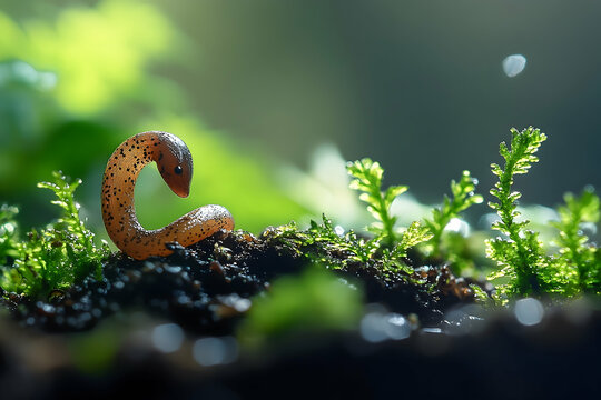 Captivating Macro Shot of a Hammerhead Worm on Mossy Terrain, Emphasizing Natural Beauty