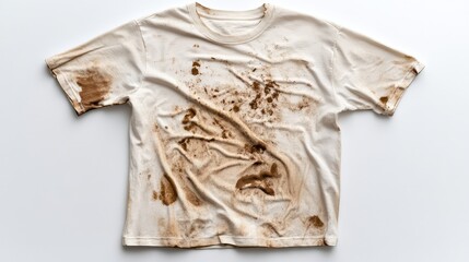 A single dirty t-shirt with food stains, placed on a neutral light background, representing laundry and cleaning issues.