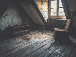 Obraz premium Abandoned top floor interior slung derelict forsaken outcast